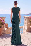 Olive Green Satin Sequin Ruched Long Formal Dress with Slit