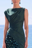 Olive Green Satin Sequin Ruched Long Formal Dress with Slit