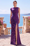 Olive Green Satin Sequin Ruched Long Formal Dress with Slit