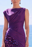 Olive Green Satin Sequin Ruched Long Formal Dress with Slit