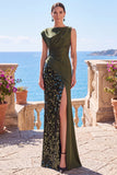 Olive Green Satin Sequin Ruched Long Formal Dress with Slit