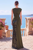 Olive Green Satin Sequin Ruched Long Formal Dress with Slit