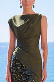 Olive Green Satin Sequin Ruched Long Formal Dress with Slit