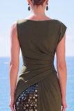 Olive Green Satin Sequin Ruched Long Formal Dress with Slit