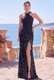 Halter Black Sequin Mermaid Long Formal Dress with Slit