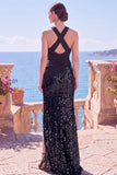 Halter Black Sequin Mermaid Long Formal Dress with Slit