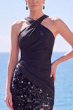 Halter Black Sequin Mermaid Long Formal Dress with Slit