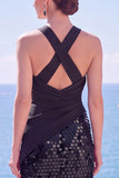 Halter Black Sequin Mermaid Long Formal Dress with Slit
