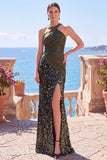 Halter Black Sequin Mermaid Long Formal Dress with Slit