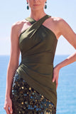 Halter Black Sequin Mermaid Long Formal Dress with Slit
