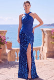 Halter Black Sequin Mermaid Long Formal Dress with Slit