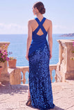 Halter Black Sequin Mermaid Long Formal Dress with Slit