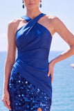 Halter Black Sequin Mermaid Long Formal Dress with Slit