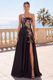 Strapless Black Floral Sequin A Line Long Formal Dress with Slit
