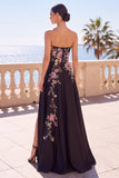 Strapless Black Floral Sequin A Line Long Formal Dress with Slit