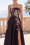 Strapless Black Floral Sequin A Line Long Formal Dress with Slit
