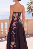 Strapless Black Floral Sequin A Line Long Formal Dress with Slit