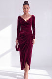 Burgundy Velvet Cowl Neck Ruched Long Sleeve Fall Wedding Guest Dress