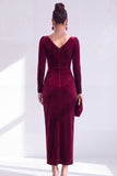 Burgundy Velvet Cowl Neck Ruched Long Sleeve Fall Wedding Guest Dress