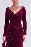 Burgundy Velvet Cowl Neck Ruched Long Sleeve Fall Wedding Guest Dress