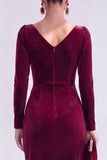 Burgundy Velvet Cowl Neck Ruched Long Sleeve Fall Wedding Guest Dress