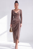 Burgundy Velvet Cowl Neck Ruched Long Sleeve Fall Wedding Guest Dress