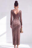 Burgundy Velvet Cowl Neck Ruched Long Sleeve Fall Wedding Guest Dress