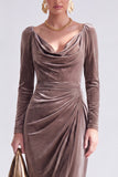 Burgundy Velvet Cowl Neck Ruched Long Sleeve Fall Wedding Guest Dress