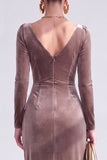Burgundy Velvet Cowl Neck Ruched Long Sleeve Fall Wedding Guest Dress