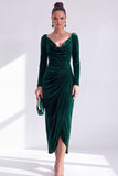 Burgundy Velvet Cowl Neck Ruched Long Sleeve Fall Wedding Guest Dress