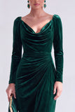 Burgundy Velvet Cowl Neck Ruched Long Sleeve Fall Wedding Guest Dress