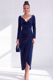 Burgundy Velvet Cowl Neck Ruched Long Sleeve Fall Wedding Guest Dress