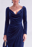 Burgundy Velvet Cowl Neck Ruched Long Sleeve Fall Wedding Guest Dress