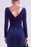 Burgundy Velvet Cowl Neck Ruched Long Sleeve Fall Wedding Guest Dress