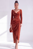 Burgundy Velvet Cowl Neck Ruched Long Sleeve Fall Wedding Guest Dress