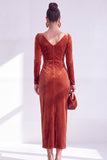 Burgundy Velvet Cowl Neck Ruched Long Sleeve Fall Wedding Guest Dress