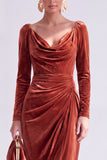 Burgundy Velvet Cowl Neck Ruched Long Sleeve Fall Wedding Guest Dress