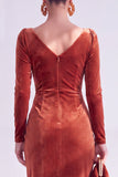Burgundy Velvet Cowl Neck Ruched Long Sleeve Fall Wedding Guest Dress