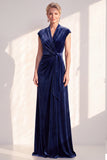 Velvet Ruched Dark Blue Mother of the Bride Dress with Cap Sleeves