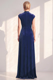 Velvet Ruched Dark Blue Mother of the Bride Dress with Cap Sleeves