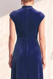Velvet Ruched Dark Blue Mother of the Bride Dress with Cap Sleeves