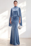 Coffee Mermaid Velvet Maxi Dress with Cape Sleeves