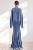 Coffee Mermaid Velvet Maxi Dress with Cape Sleeves