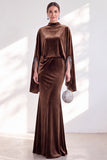 Coffee Mermaid Velvet Maxi Dress with Cape Sleeves