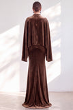 Coffee Mermaid Velvet Maxi Dress with Cape Sleeves
