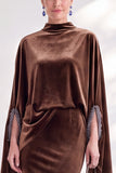 Coffee Mermaid Velvet Maxi Dress with Cape Sleeves