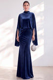 Coffee Mermaid Velvet Maxi Dress with Cape Sleeves