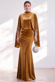 Coffee Mermaid Velvet Maxi Dress with Cape Sleeves