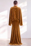 Coffee Mermaid Velvet Maxi Dress with Cape Sleeves