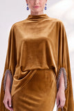 Coffee Mermaid Velvet Maxi Dress with Cape Sleeves